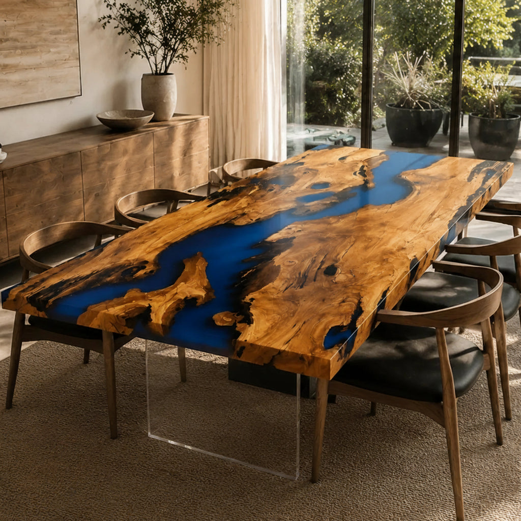 Bold Blue Olive Wood River Dining Table by Thomas Dawn
