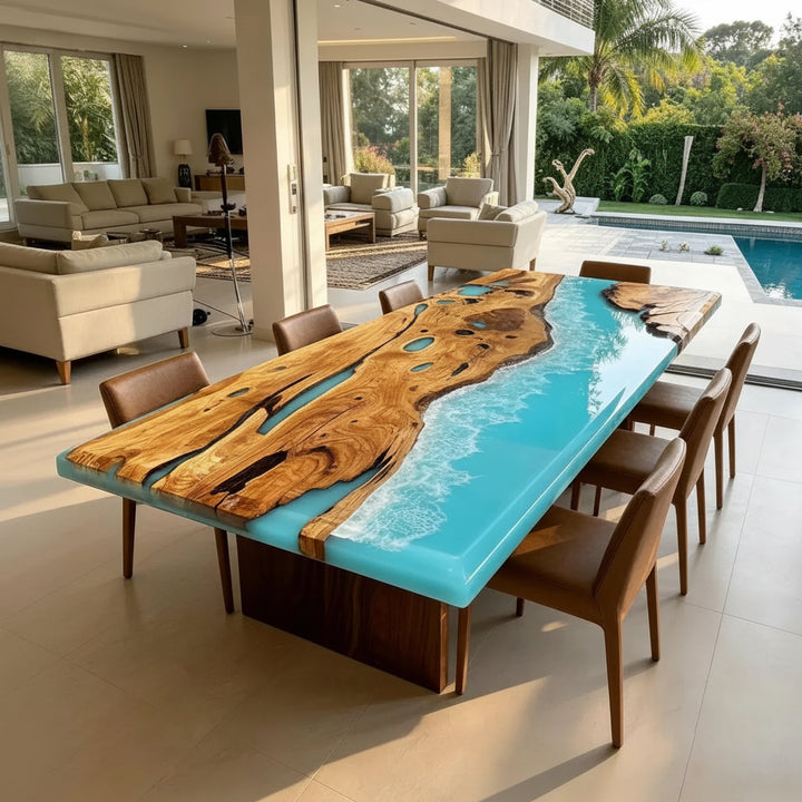 Olive Wood Ocean Epoxy Dining Table by Thomas Dawn