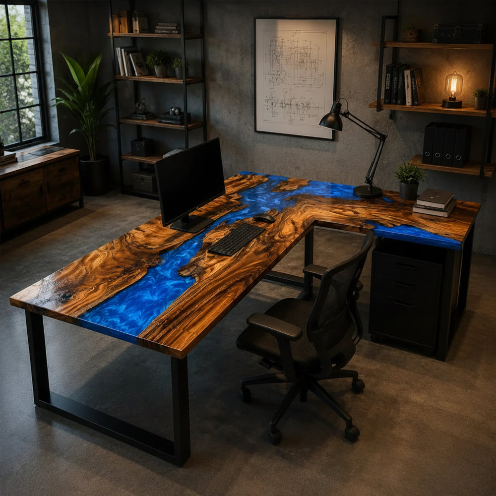 Blue River L-Shaped Walnut Desk by Thomas Dawn