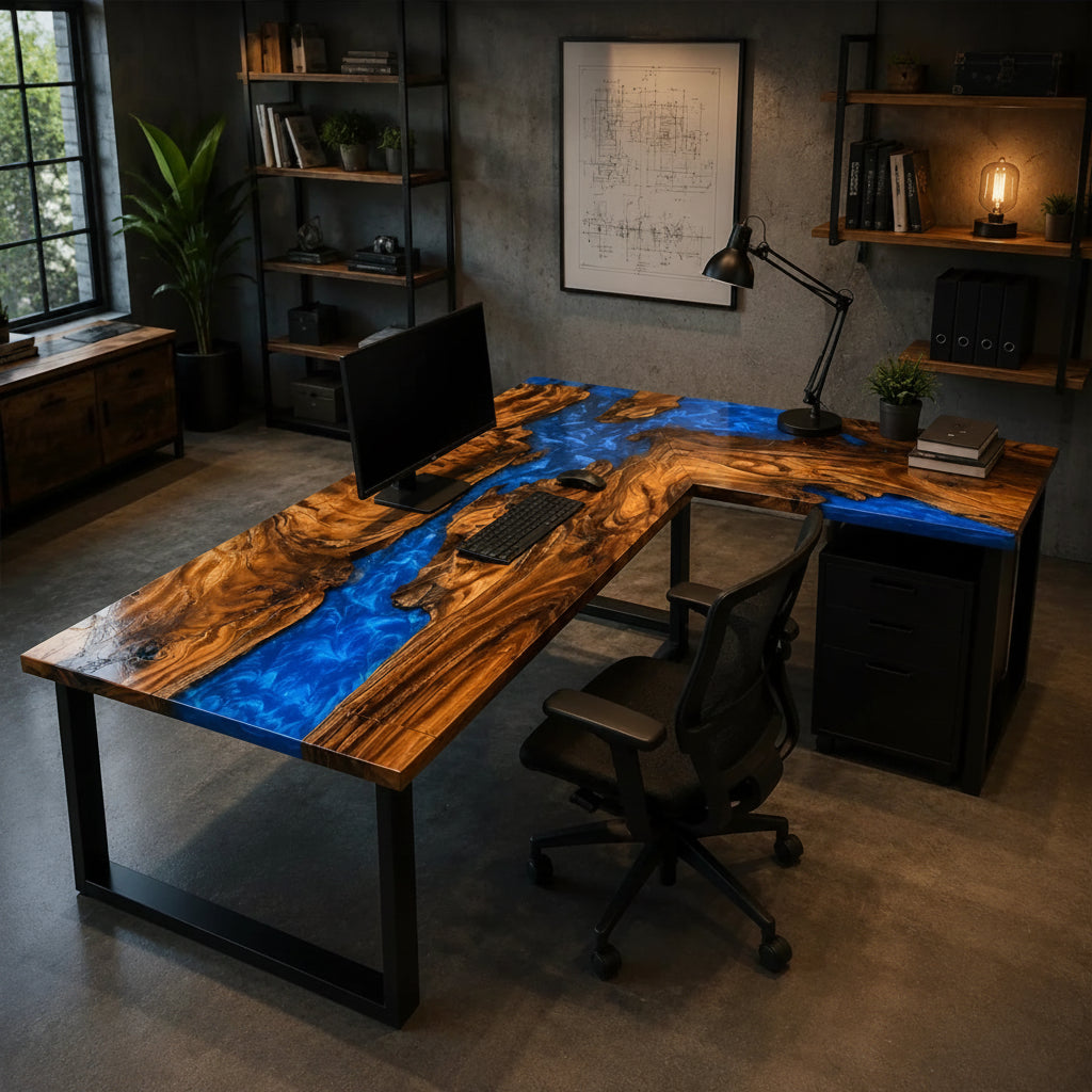 Blue River L-Shaped Walnut Desk by Thomas Dawn